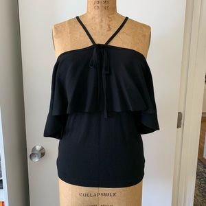 Off the Shoulder Flounce Halter Knit Blouse w/ Tie